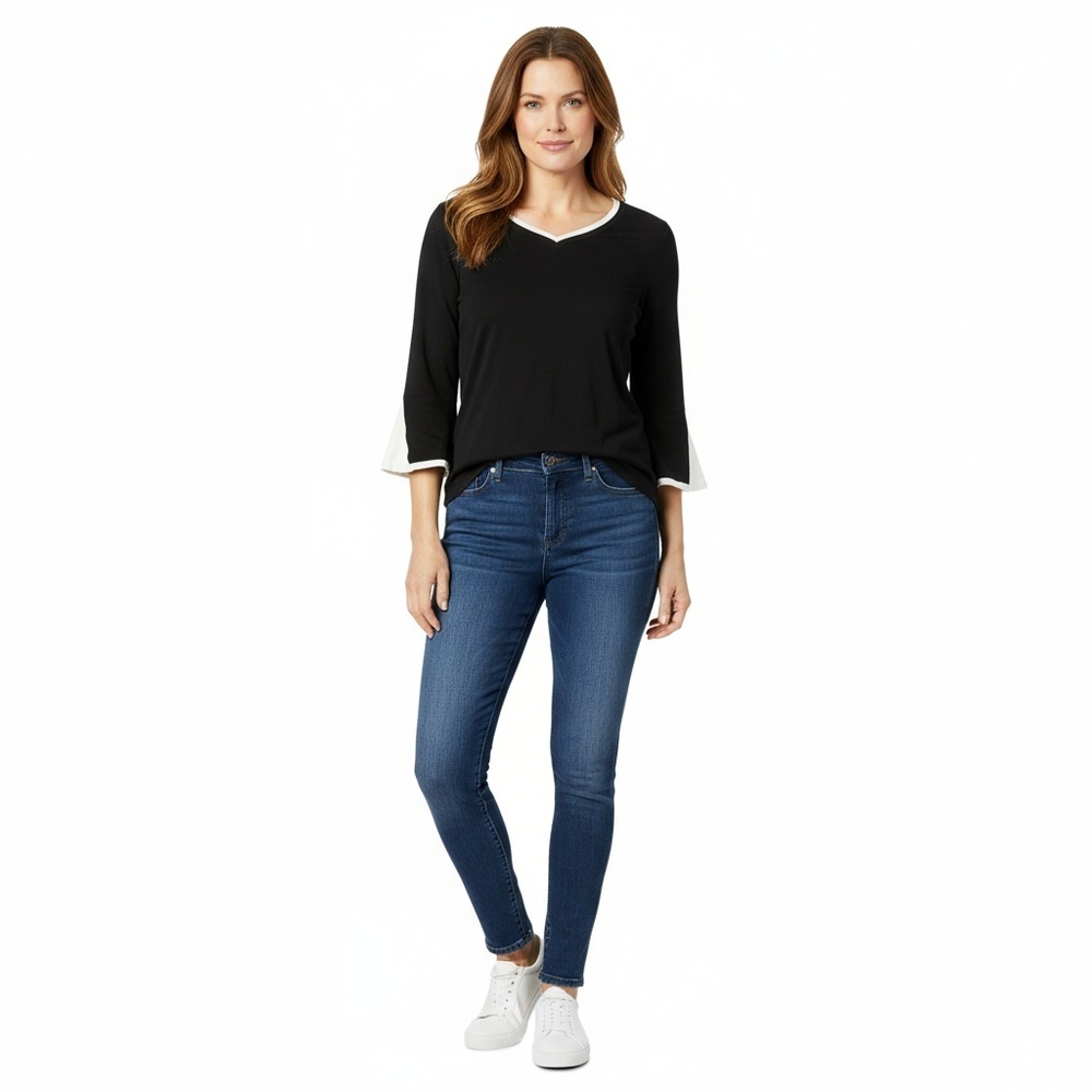 Liz Claiborne Black Long Sleeve V-Neck Top with White Trim